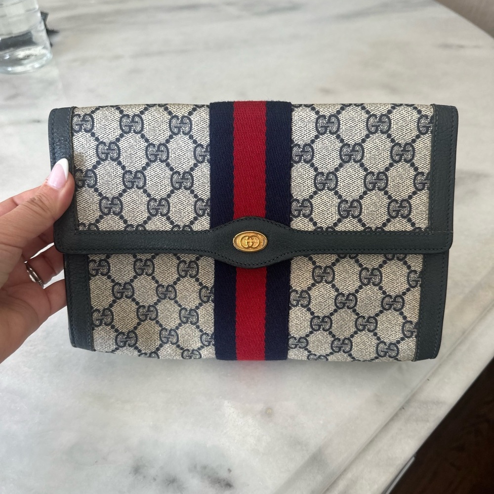 Gucci Beige and Navy Clutch with Red Stripe